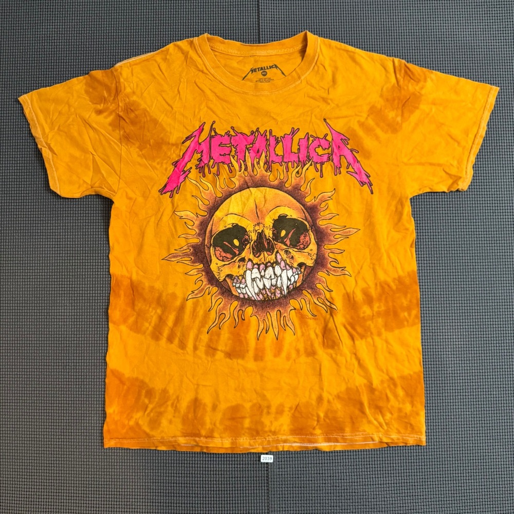 Metallica Graphic Tee Orange Tie Dye Skull Sun Logo Shirt Mens Medium 2021
